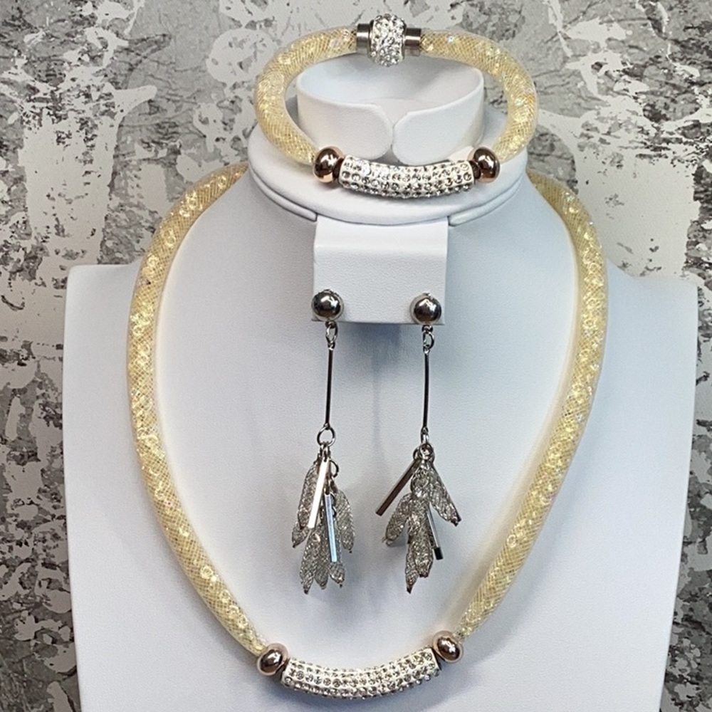 Rhinestone and Crystal AB Yellow Silver and White Necklace Bracelet Earrings Set - Picture 1 of 8